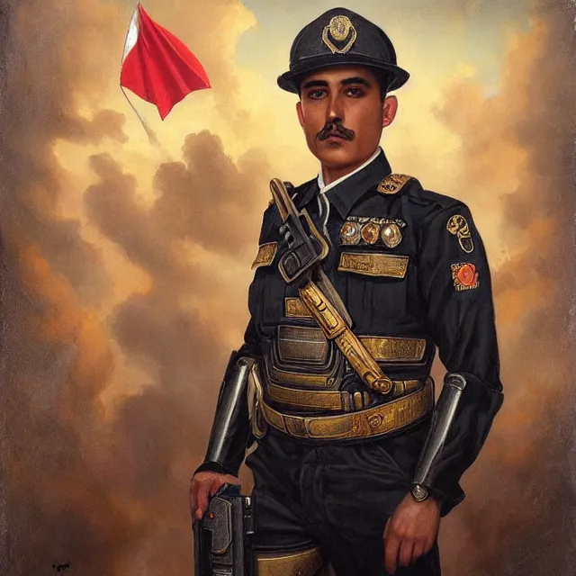 Prompt: portrait of a handsome mexican policeman, art by tom bagshaw and manuel sanjulian and franz xaver kosler