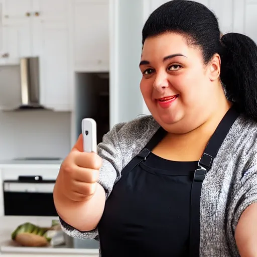 Image similar to fat woman with black long ponytail giving a thumbs up, selfie in the kitchen