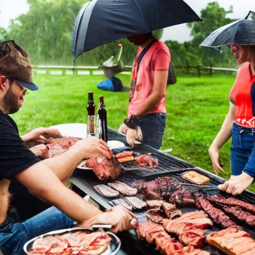 Image similar to portrait of people doing bbq under heavy rain