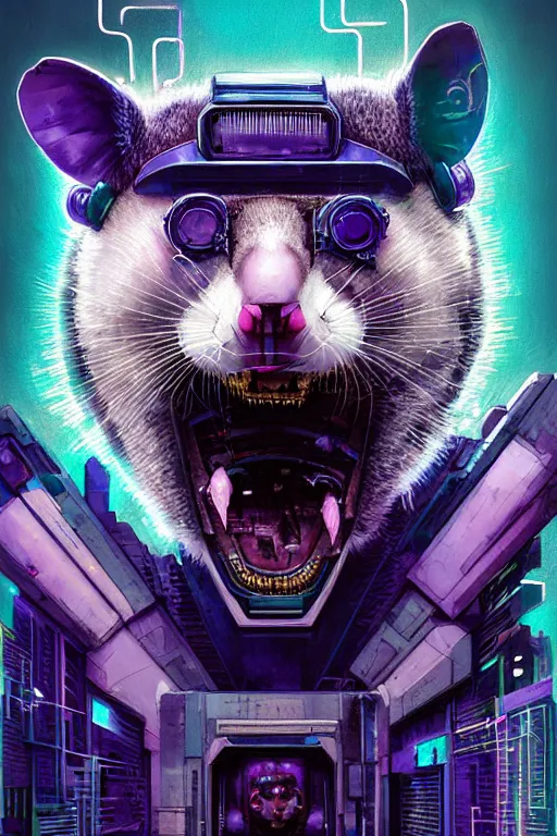 Image similar to a beautiful portrait of a cute cyberpunk opossum screaming by sandra chevrier and greg rutkowski and wlop, purple blue color scheme, high key lighting, volumetric light, digital art, highly detailed, fine detail, intricate, ornate, complex, octane render, unreal engine, photorealistic