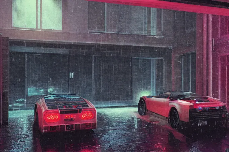 Image similar to cyberpunk, an estate agent listing photo, external view of a detached city house in the UK, it's night time, raining, sports car, by Paul Lehr, highly detailed, photorealistic, unreal engine, 8k, anamorphic, cinestill cinematrography