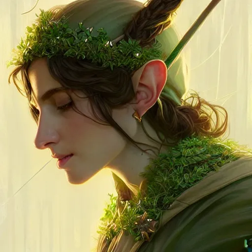 Prompt: beautiful natural cottagecore archer elf hooded longbow verdant lush, intricate, elegant, highly detailed, digital painting, artstation, concept art, smooth, sharp focus, illustration, art by artgerm and greg rutkowski and alphonse mucha and loish and wlop