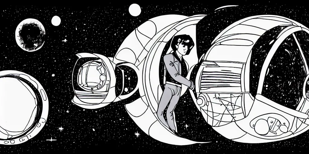 Image similar to traditional drawn animation a symmetrical portrait of lonely single Alain Delon alone pilot in posing in spaceship station planet captain bridge outer worlds robots extraterrestrial hyper contrast well drawn in Jean Henri Gaston Giraud animation film The Masters of Time FANTASTIC PLANET La planète sauvage animation by René Laloux