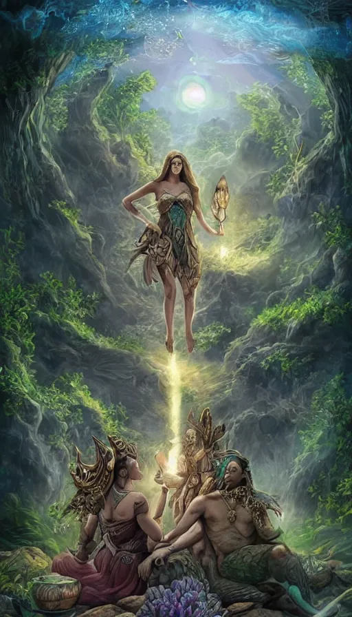 Image similar to A fantasy book style portrait painting of the Great Turtle Island at the center of the Universe, accompanied by a hybrid of, Anya_Taylor-Joy, Cory Chase, as a Mystical Valkyrie, Anubis-Reptilian, Atlantean Warrior, Cozy, hotspring hidden in a Cave, candlelight, towels, cushions, natural light, lush plants and flowers, elegant, smooth cave rock, fantasy, atmospheric lighting, digital painting, François Boucher, Oil Painting, Crisp clear resolution, unreal 5, DAZ, hyperrealistic, octane render, Regal, Refined, Detailed Digital Art, RPG portrait, William-Adolphe Bouguereau, Michael Cheval, Walt Disney (1937), Steampunk, Volumetric Golden dappled dynamic lighting, Highly Detailed, Cinematic Lighting, Unreal Engine, 8k, HD