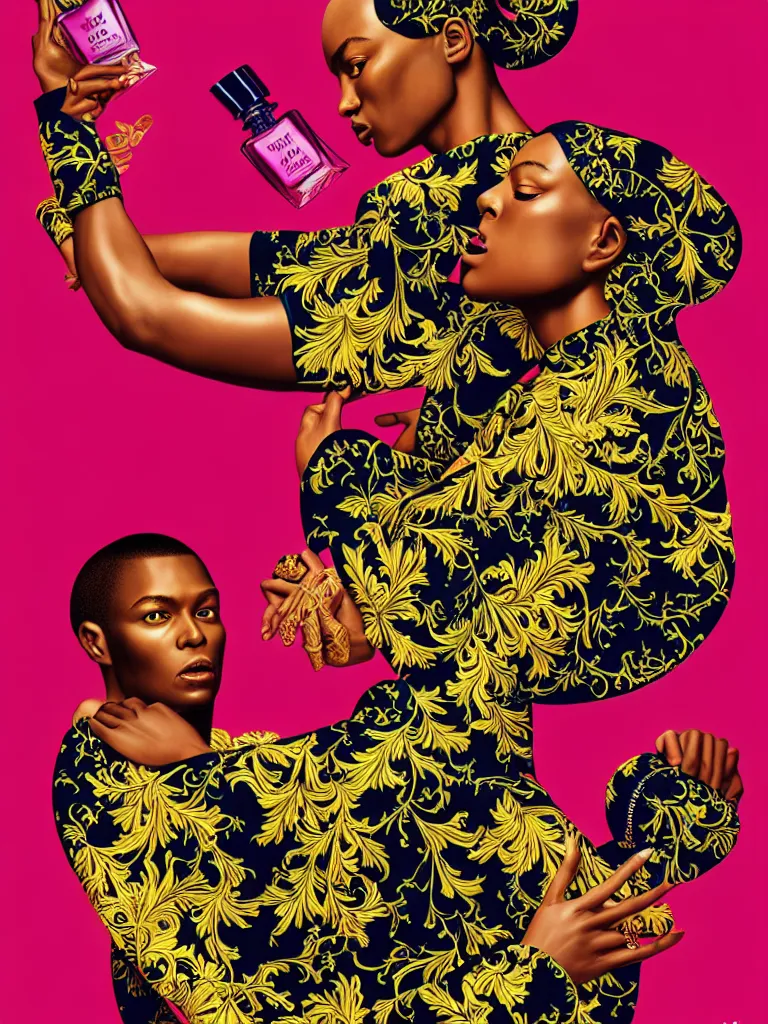 Image similar to fragrance advertising campaign by kehinde wiley, highly detailed, intricate, saturated colors