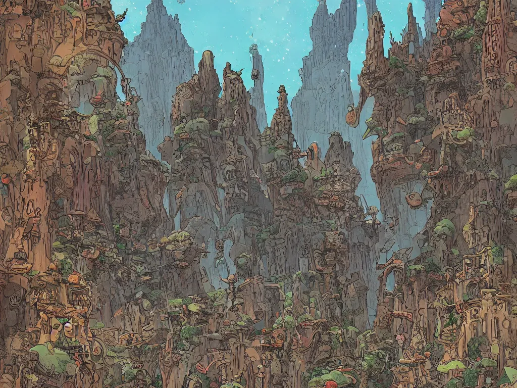 Image similar to temple, stone canyon, alien world, by Sam Bosma and Geof Darrow, science fiction, trending on artstation