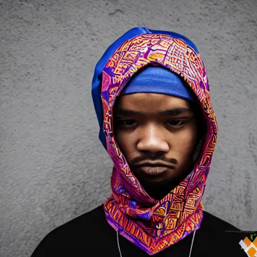 Image similar to crips gang member with batik bandana and parang rusak logo in their hood - realistic - photorealistic - hd - trending hood photos of the year - ilustrator - detailed - real clear