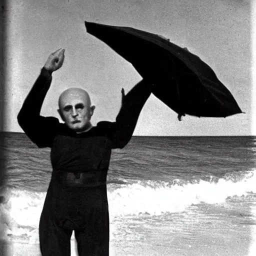 Prompt: count orlok shows off his tanlines, beach photograph