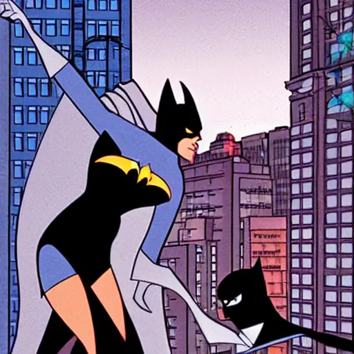 Image similar to batman the animated series, bruce timm, batman chasing catwoman on rooftop at night