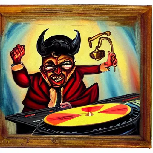 Image similar to painting of the devil as a dj with hand on record spinning