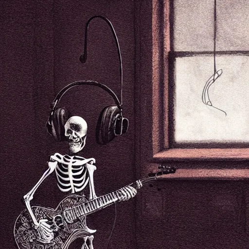 Image similar to skeleton wearing headphones, watching girl playing guitar while her black cat standing next to her, detailed intricate ink illustration, dark atmosphere, detailed illustration, hd, 4k, digital art, overdetailed art, by greg rutkowski, by loish, complementing colors, Trending on artstation