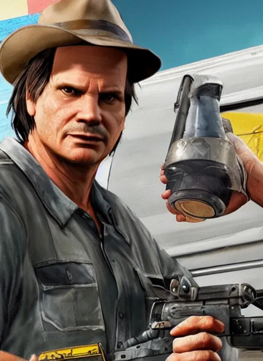 Image similar to bill - paxton as chet as gta 5 cover art, no - text no - logo