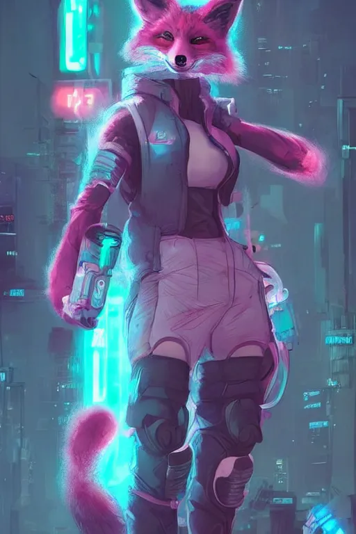 Image similar to a cyberpunk anthropomorphic fox with a fluffy tail, comic art, trending on furaffinity, cartoon, kawaii, backlighting, furry art!!!, neon, concept art