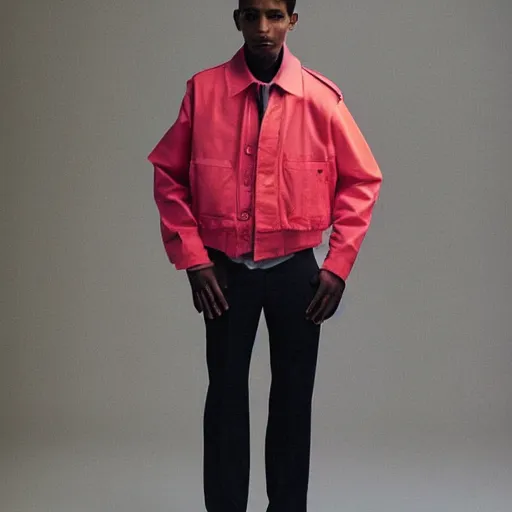 Image similar to realistic photoshooting for a new raf simons lookbook color film photography portrait of a beautiful woman model wearing a workwear jacket, photo in style of tyler mitchell