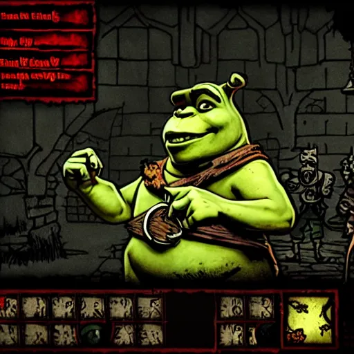 Image similar to shrek in darkest dungeon, screenshot from the game, highly detailed, dark atmosphere, concept art