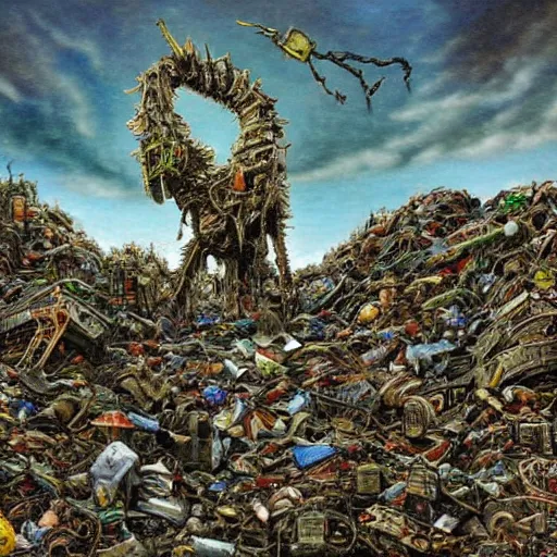 Prompt: A machine made of rubbish with long arms devours other rubbish and creatures in a giant rubbish heap full of strange and terrifying creatures, under a green sky in the distance, bones, corpses, monsters, hell, distorted, creepy, by Dan Seagrave, cinematic photographym, metal album cover