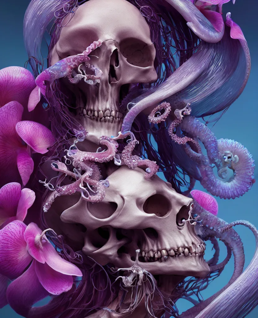 Image similar to goddess close - up portrait human skeleton, ram skull, squid phoenix jellyfish, orchid, betta fish, bioluminiscent, intricate artwork by tooth wu and wlop and beeple. octane render, trending on artstation, greg rutkowski very coherent symmetrical artwork. cinematic, hyper realism, high detail, octane render, 8 k