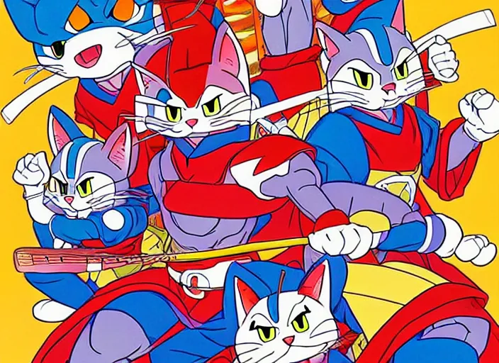 Prompt: samurai pizza cats, illustration masterpiece, by ryan ottley and mœbius and hayao miyazaki and akira toriyama