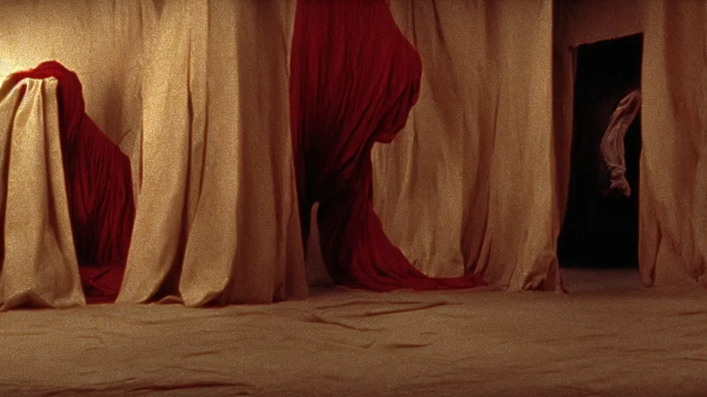 Image similar to a strange creature claws it’s way out of a spool of cloth in an Italian fabric store, film still from the movie directed by Denis Villeneuve with art direction by Zdzisław Beksiński, wide lens