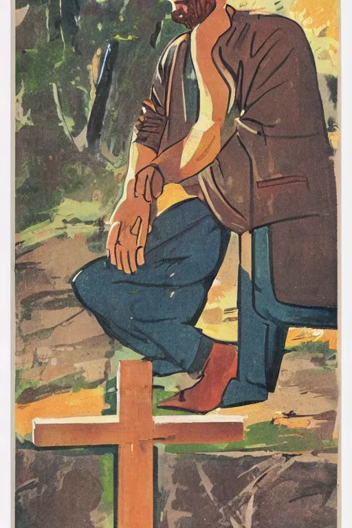 Image similar to man kneeling at the base of a wooden cross, 1960’s advertising art illustration