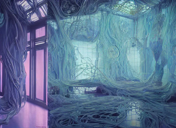 Prompt: a room made out of mirrors, neon, RGB, glowing wires everywhere, pristine, by Edgar Maxence and Ross Tran, Zdzisław Beksiński, and Michael Whelan, distant, gustav dore, H.R. Giger, 8k, octane render
