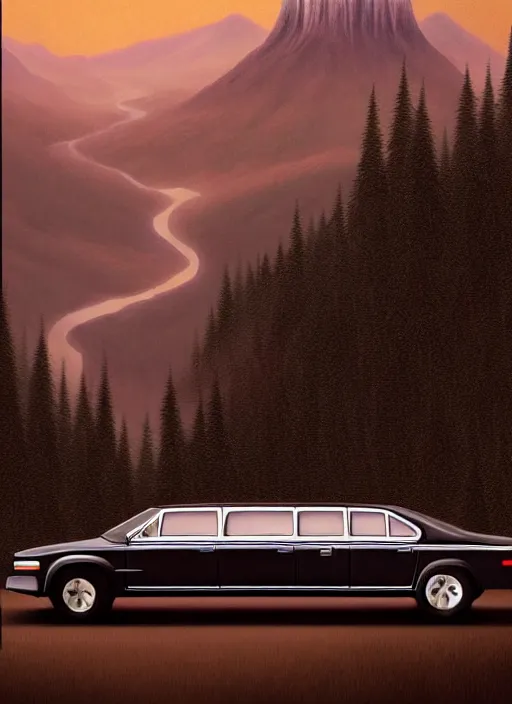 Prompt: Twin Peaks poster artwork by Michael Whelan and Tomer Hanuka, Rendering of a black limousine from scene from Twin Peaks, full of details, by Makoto Shinkai and thomas kinkade, Matte painting, trending on artstation and unreal engine