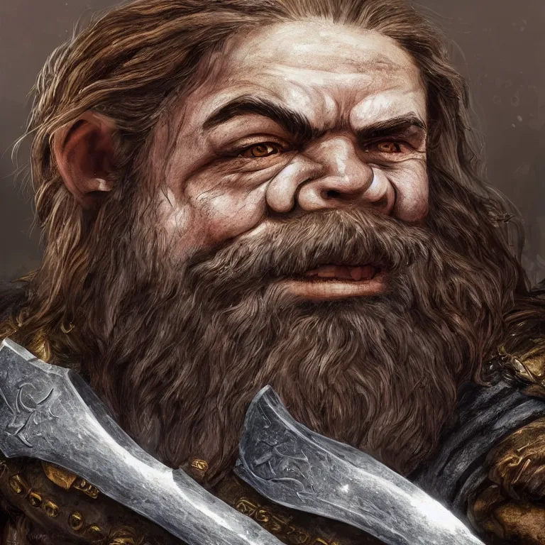 Image similar to cute dwarf warrior in mountain, lord of the rings style, fantasy, poster, character portrait, portrait, close up, concept art, intricate details, highly detailed, full body, 8 k, detailed face, body