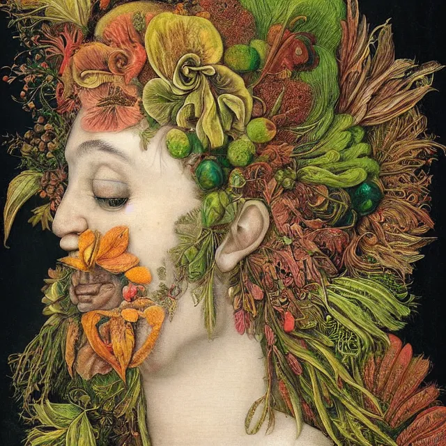 Prompt: profile portrait of a woman, leaves, by giuseppe arcimboldo,, psychedelic, surreal, sci - fi, dreamlike.