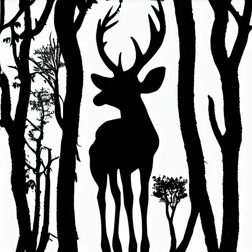 Prompt: negative space deer silhouette of a forest