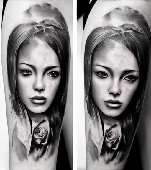 Image similar to a beautiful girl portrait, faded mountain background, realism tattoo, in the style of den yakovlev, black and white, hyper realistic, highly detailed