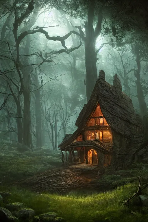 Image similar to the wooden house of a ancient witch in an ancient old forrest, eeire mood, lush vegetation, Dynamic lighting, cinematic, establishing shot, extremely high detail, photo realistic, cinematic lighting, , post processed denoised, concept design, concept art, artstation, matte painting, midjourney, style by alex ross, raphael lacoste, eddie mendoza