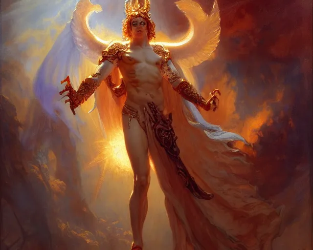 Image similar to attractive pagan male deity, casting chaos magic, summoning handsome lucifer morning star. highly detailed painting by gaston bussiere, craig mullins, j. c. leyendecker 8 k