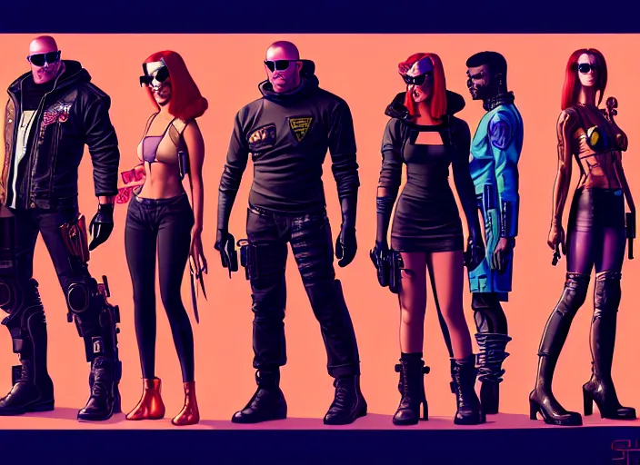 Image similar to cyberpunk gang enforcers. portrait by stonehouse and mœbius and will eisner and gil elvgren and pixar. character design. realistic proportions. cyberpunk 2 0 7 7 character art, blade runner 2 0 4 9 concept art. cel shading. attractive face. thick lines. the team. diverse characters. artstationhq.