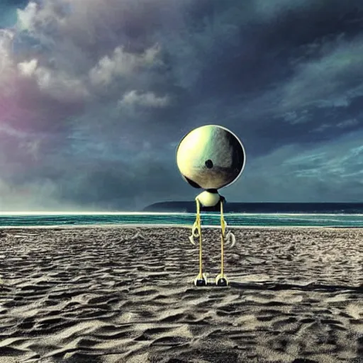 Image similar to lone robot cyborg desolate beach incredible awe inspiring art award winning highly detailed surreal out of this world, vivid