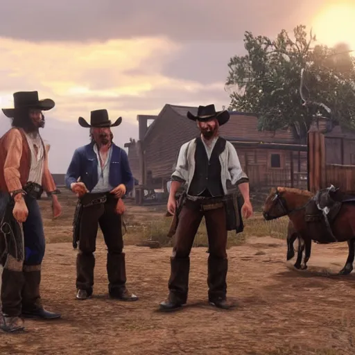 Prompt: a saloon fight between cowboys in the style of rockstar red dead redemption 2