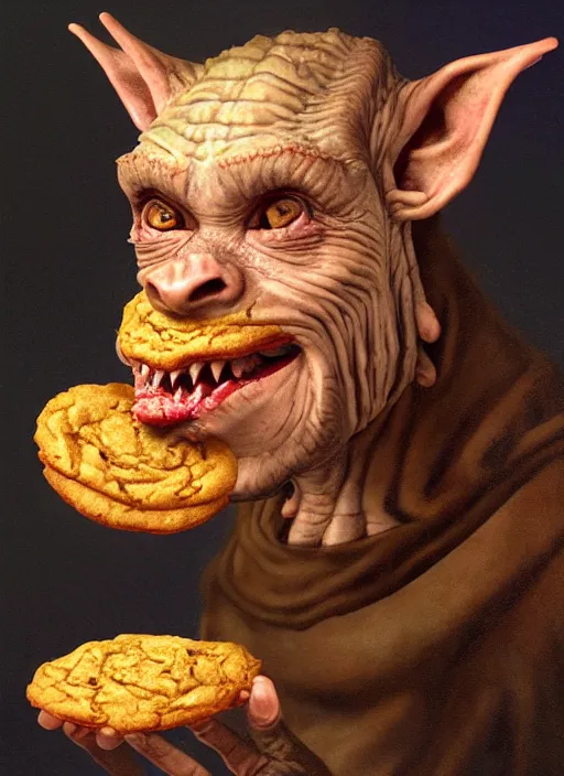 Prompt: highly detailed closeup portrait of a medieval goblin eating cookies, unreal engine, hyung tae, frank frazetta, nicoletta ceccoli, mark ryden, lostfish, earl norem, global illumination, god rays, detailed and intricate environment