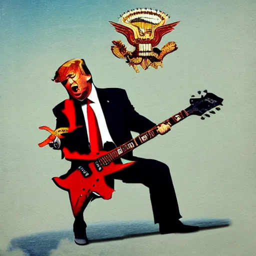 Image similar to President Trump Shredding on an electric guitar in the style of Frank Frazetta