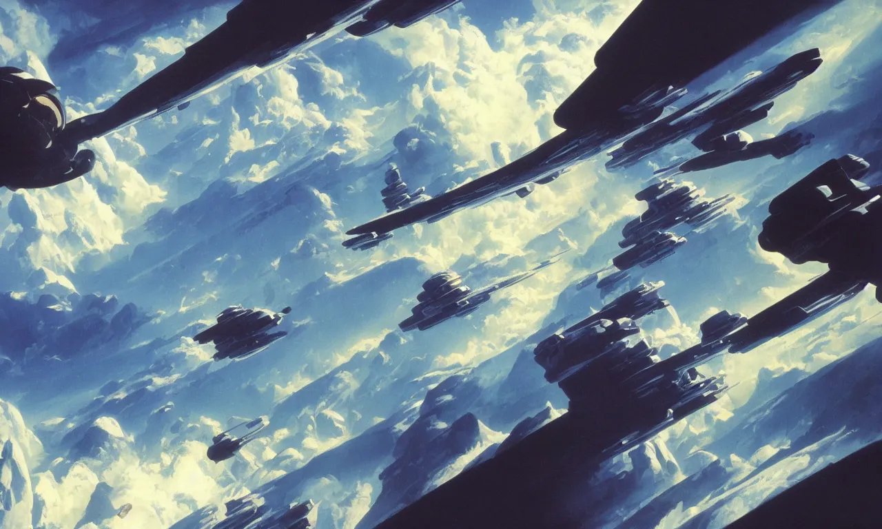 Prompt: Science-Fiction landscape high above clouds by Syd Mead, John Harris, Federico Pelat