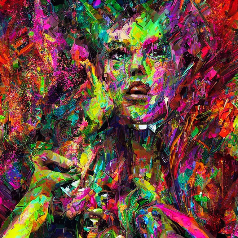 Image similar to hyper-maximalist overdetailed half portrait half collage slightly abstract pesudofigurative digital illustration by archan nair feat hakan hisim inspired by works of android jones. Pschedelic visionary artwork.