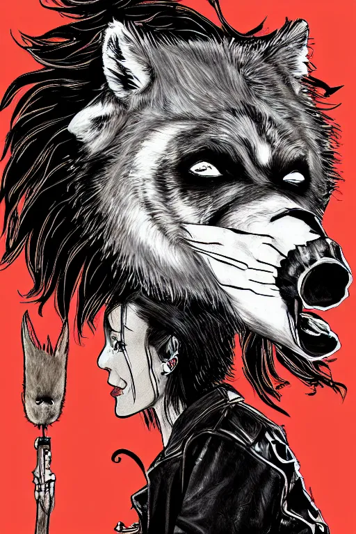 Image similar to portrait of a punk girl wearing a leather jacket with a wolf's head over her face, artwork by boneface