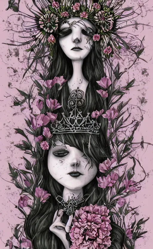 Prompt: tranquil oblivion, floral queen, Gothic flowers, artwork by artgem