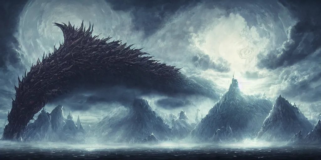 Prompt: concept art of giant kaiju, japanese, roaring, melting horror, round moon, rich clouds, fighting the horrors of the unknown, mirrors, very detailed, volumetric light, mist, grim, fine art, decaying, textured oil over canvas, epic fantasy art, very colorful, ornate scales, anato finnstark