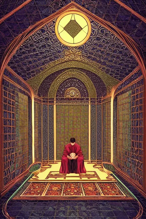 Prompt: intense wiccan cover art bakground geometrical glass in the throne room intricate elegant highly detailed artstation concept art illustration art by wes anderson and hasui kawase and scott listfield