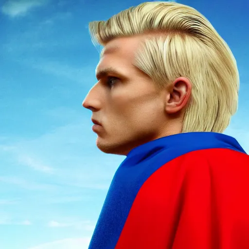 Image similar to portrait of a blonde masculine man two sides hair and thin face lines, his cape is the american flag, he is angry, his costume is blue with yellow eagles head on the shoulders, 8 k, hyper realistic, movie imax shot, film, cinematography, red