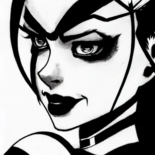 Prompt: harley quinn headshot portrait drawn in black and white watercolor, manga panel style, wlop, trending on artstation