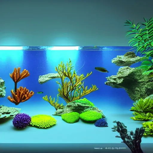 Image similar to photo of the big modern room as aquarium with a beautiful fishes and corals, realistic colors, realistic shadows, daylight made in blender, 3 d