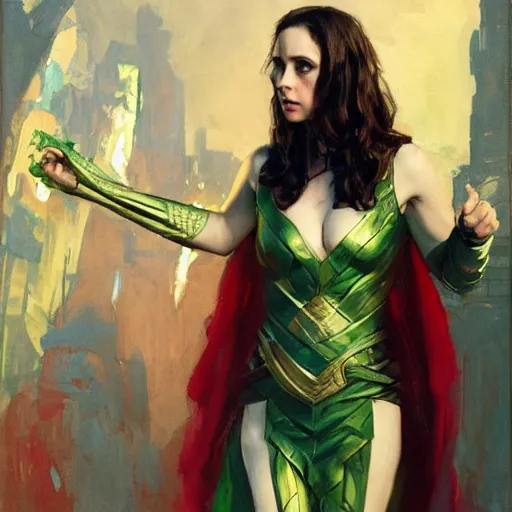 Image similar to alison brie as loki, intricate, elegant, highly detailed, greg manchess, mucha, liepke, ruan jia, jeffrey catherine jones, ridley scott