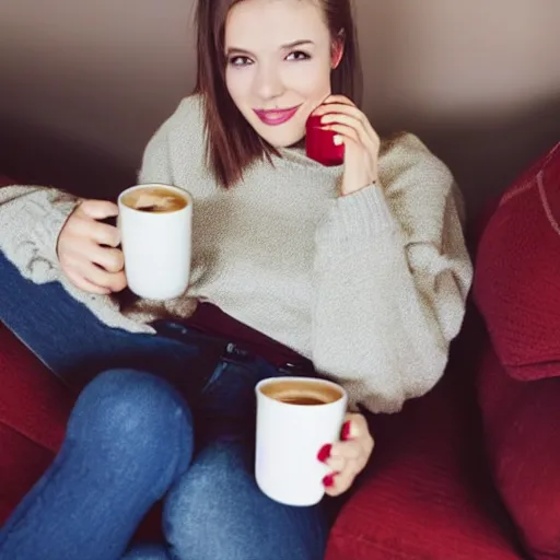 Prompt: photograph of a cute thin young woman, red blush, wearing casual clothes, small smile, relaxing on a couch, holding a steaming cup of coffee, cozy living room, medium shot, 8 k, trending on instagram, photorealistic, trending on pinterest, portra 4 0 0