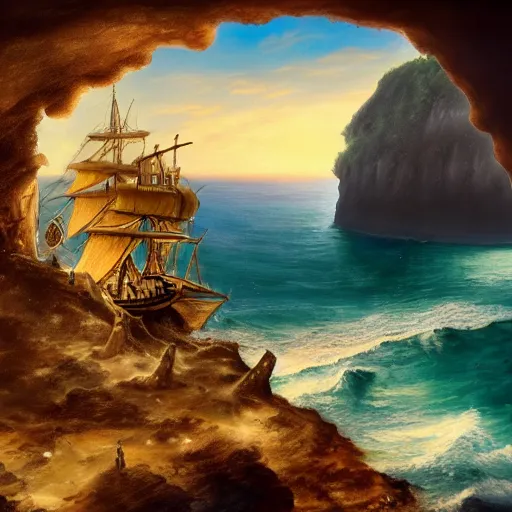 Image similar to photo of a spanish galleon in front of a jamaican shoreline cliff with a cave, atmospheric lighting, intricate, ultra detailed, well composed, best on artstation, cgsociety, epic, stunning, gorgeous, intricate detail, wow, masterpiece