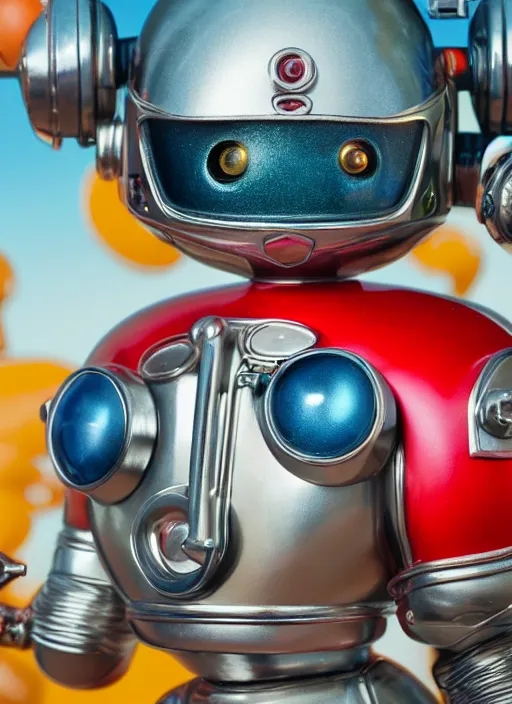 Image similar to highly detailed closeup, face profile portrait of a retro 1 9 5 0 s tin toy robot spacegirl wearing a bikini, unreal engine, nicoletta ceccoli, mark ryden, earl norem, lostfish, global illumination, detailed and intricate environment